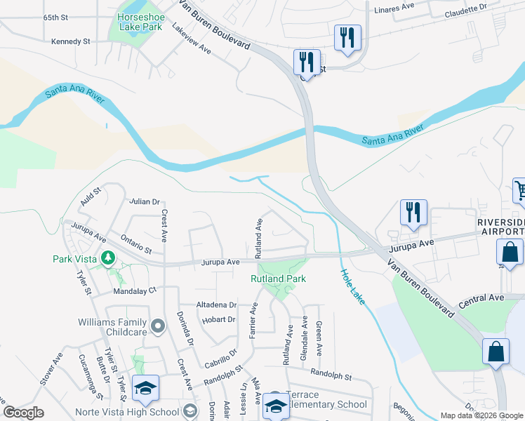 map of restaurants, bars, coffee shops, grocery stores, and more near 8992 Rossini Court in Riverside