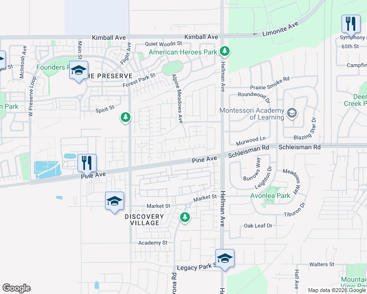 map of restaurants, bars, coffee shops, grocery stores, and more near 8679 Celebration Street in Chino