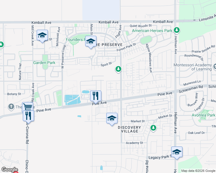 map of restaurants, bars, coffee shops, grocery stores, and more near 8286 Pine Avenue in Chino