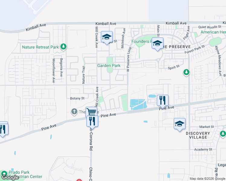 map of restaurants, bars, coffee shops, grocery stores, and more near 16193 Orion Avenue in Chino