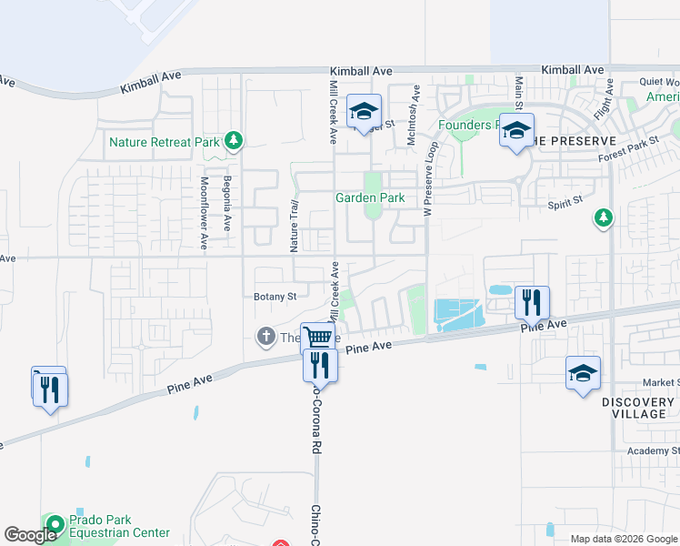 map of restaurants, bars, coffee shops, grocery stores, and more near 16180 Compass Avenue in Chino