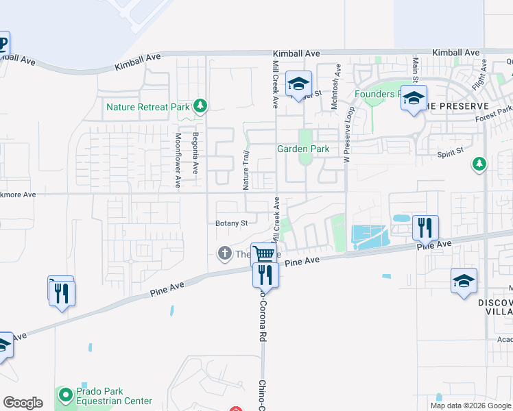 map of restaurants, bars, coffee shops, grocery stores, and more near 16176 Freshwater Lane in Chino