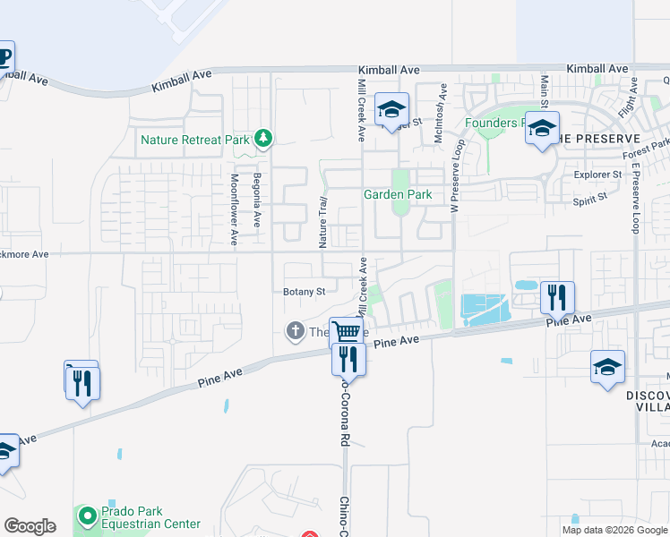 map of restaurants, bars, coffee shops, grocery stores, and more near 16176 Freshwater Lane in Chino