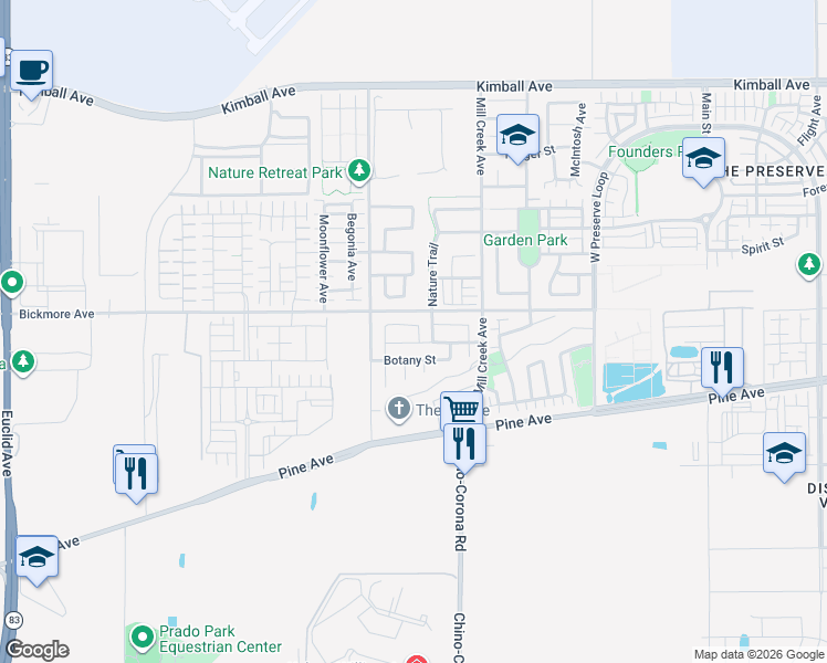 map of restaurants, bars, coffee shops, grocery stores, and more near 7792 Botany Street in Chino