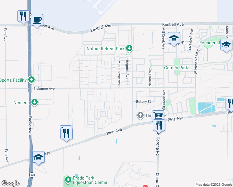 map of restaurants, bars, coffee shops, grocery stores, and more near 7633 Bickmore Avenue in Chino
