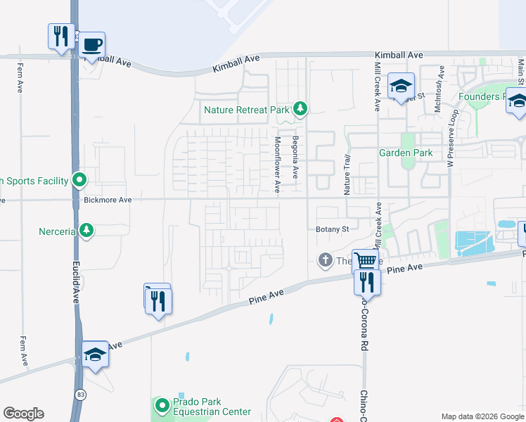 map of restaurants, bars, coffee shops, grocery stores, and more near 7633 Bickmore Avenue in Chino