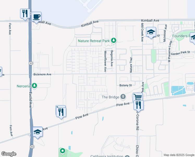 map of restaurants, bars, coffee shops, grocery stores, and more near 7633 Bickmore Avenue in Chino