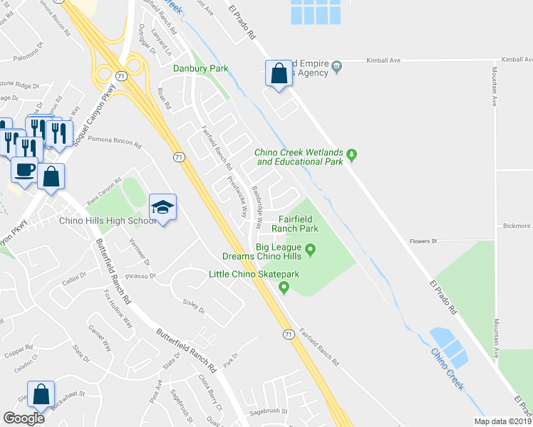 map of restaurants, bars, coffee shops, grocery stores, and more near 5697 Stanfield Court in Chino Hills