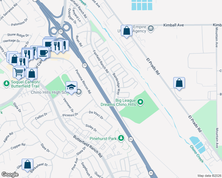 map of restaurants, bars, coffee shops, grocery stores, and more near 16168 Chadwick Court in Chino Hills