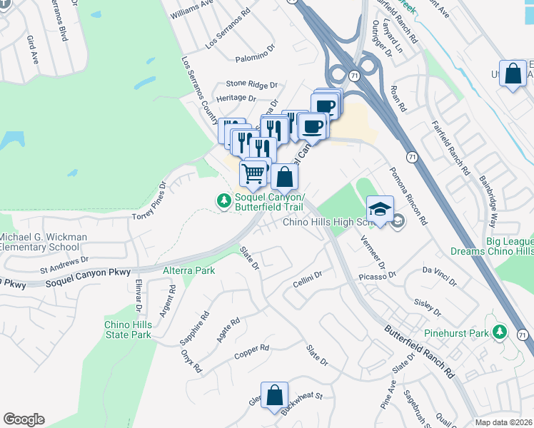 map of restaurants, bars, coffee shops, grocery stores, and more near 16175 Woodrow Court in Chino Hills
