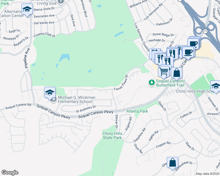 map of restaurants, bars, coffee shops, grocery stores, and more near 16158 Cypress Point Drive in Chino Hills
