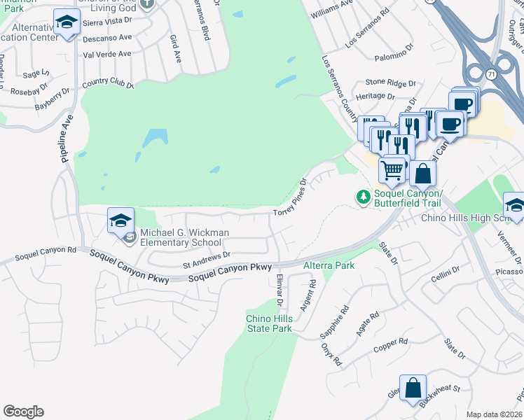 map of restaurants, bars, coffee shops, grocery stores, and more near 16158 Cypress Point Drive in Chino Hills