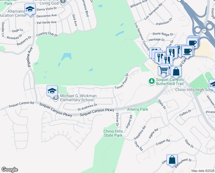 map of restaurants, bars, coffee shops, grocery stores, and more near 16158 Cypress Point Drive in Chino Hills