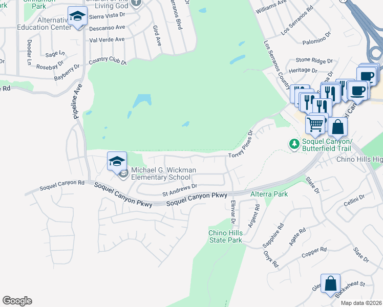 map of restaurants, bars, coffee shops, grocery stores, and more near 4484 Sawgrass Court in Chino Hills