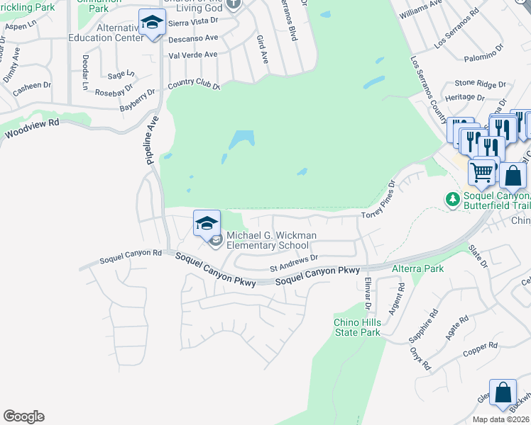 map of restaurants, bars, coffee shops, grocery stores, and more near 16157 Doral Drive in Chino Hills