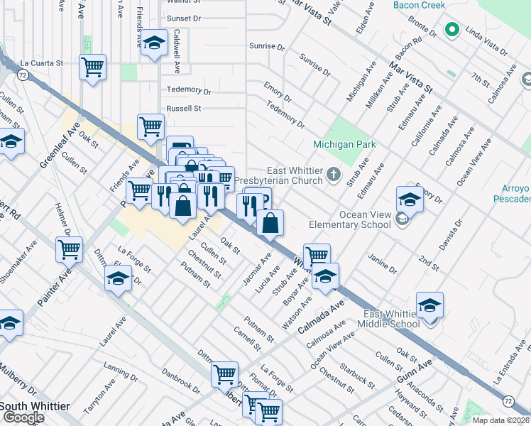 map of restaurants, bars, coffee shops, grocery stores, and more near 13839 Whittier Boulevard in Whittier