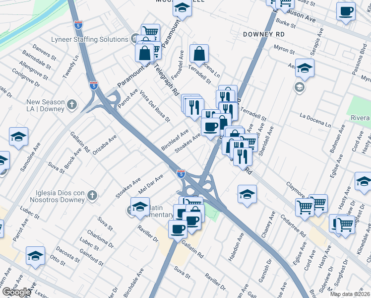 map of restaurants, bars, coffee shops, grocery stores, and more near 9022 Mel Dar Avenue in Downey