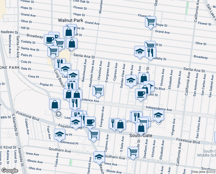 map of restaurants, bars, coffee shops, grocery stores, and more near 8441 Cypress Avenue in South Gate