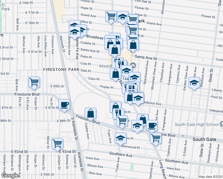 map of restaurants, bars, coffee shops, grocery stores, and more near 2612 Independence Avenue in Huntington Park