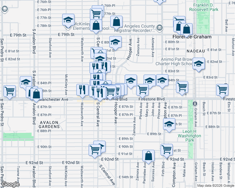 map of restaurants, bars, coffee shops, grocery stores, and more near 1200 Firestone Boulevard in Los Angeles