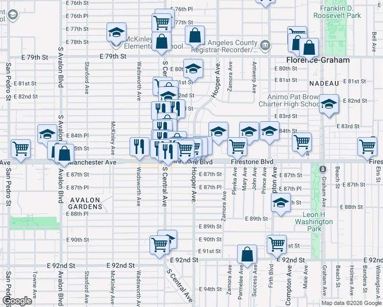 map of restaurants, bars, coffee shops, grocery stores, and more near 1200 Firestone Boulevard in Los Angeles