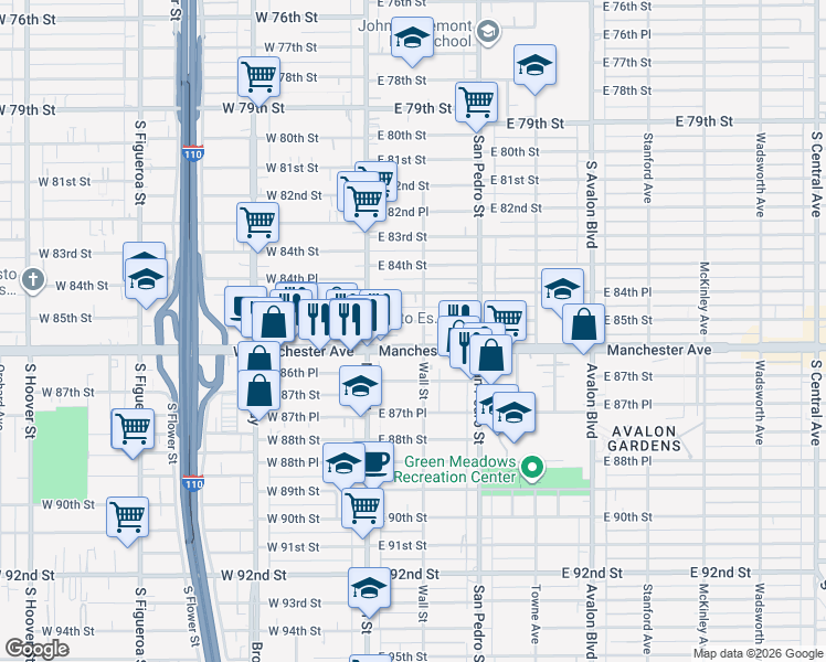map of restaurants, bars, coffee shops, grocery stores, and more near 158 East Manchester Avenue in Los Angeles