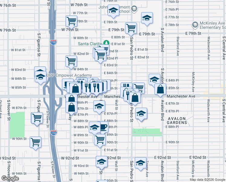 map of restaurants, bars, coffee shops, grocery stores, and more near 158 East Manchester Avenue in Los Angeles