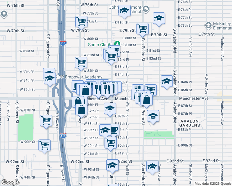 map of restaurants, bars, coffee shops, grocery stores, and more near 100 East Manchester Avenue in Los Angeles