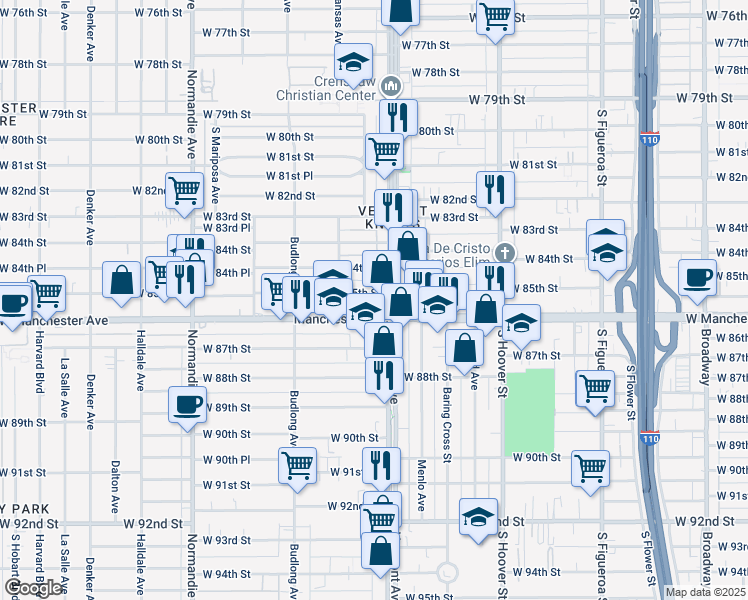 map of restaurants, bars, coffee shops, grocery stores, and more near 1031 West Manchester Avenue in Los Angeles