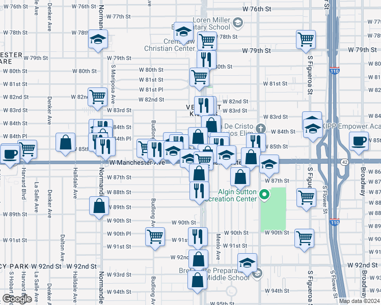 map of restaurants, bars, coffee shops, grocery stores, and more near 1031 West Manchester Avenue in Los Angeles