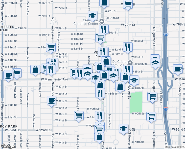 map of restaurants, bars, coffee shops, grocery stores, and more near 1031 West Manchester Avenue in Los Angeles