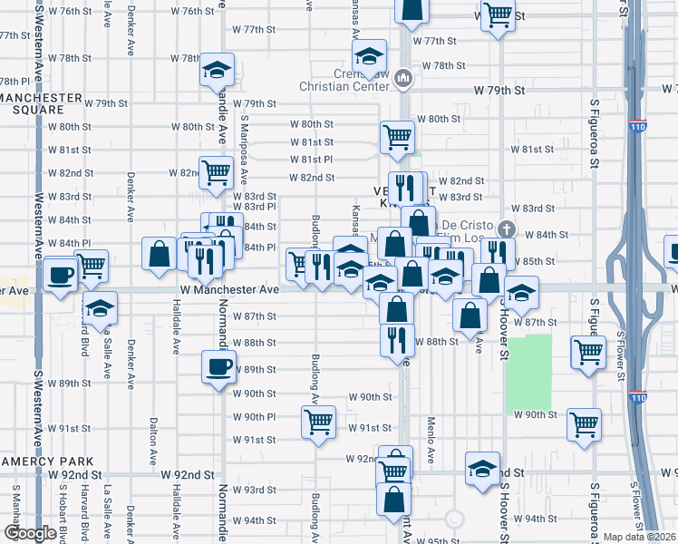 map of restaurants, bars, coffee shops, grocery stores, and more near 1111 West Manchester Avenue in Los Angeles