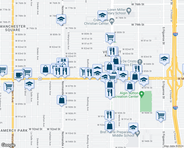 map of restaurants, bars, coffee shops, grocery stores, and more near 1111 West Manchester Avenue in Los Angeles
