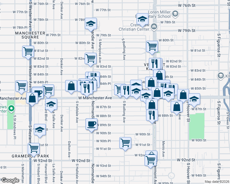 map of restaurants, bars, coffee shops, grocery stores, and more near 1246 West Manchester Avenue in Los Angeles
