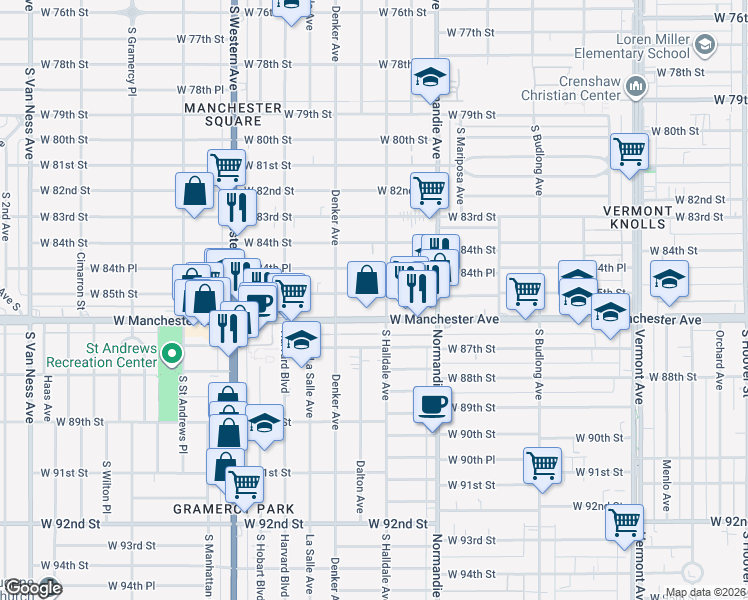 map of restaurants, bars, coffee shops, grocery stores, and more near 1529 West Manchester Avenue in Los Angeles