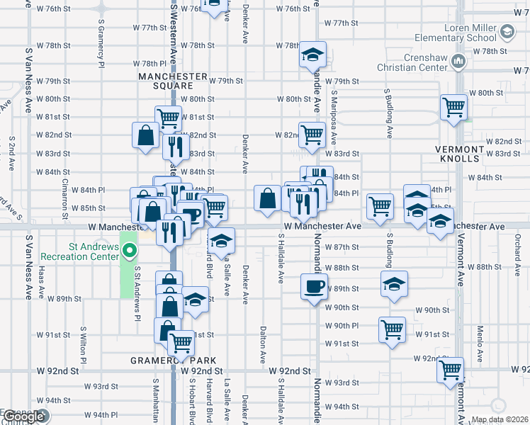 map of restaurants, bars, coffee shops, grocery stores, and more near 1529 West Manchester Avenue in Los Angeles