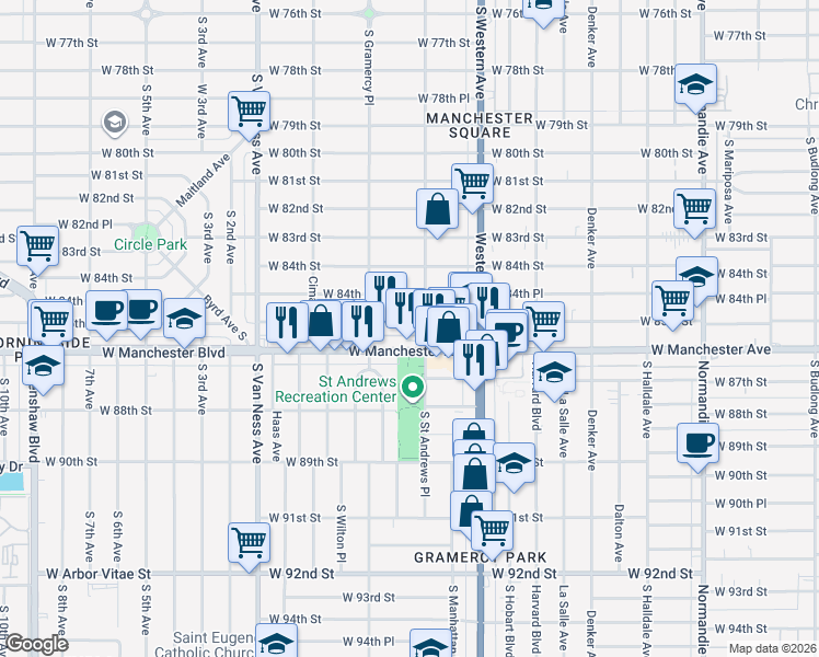 map of restaurants, bars, coffee shops, grocery stores, and more near 1932 West Manchester Avenue in Los Angeles