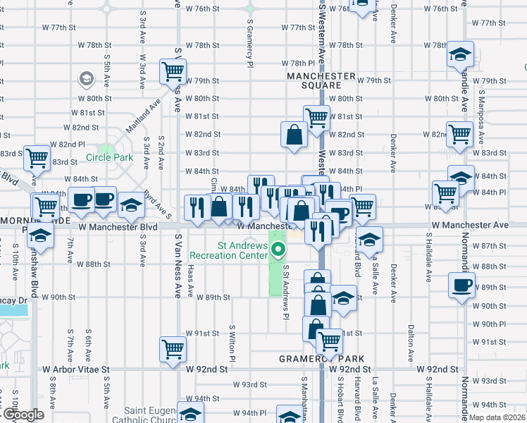 map of restaurants, bars, coffee shops, grocery stores, and more near 1932 West Manchester Avenue in Los Angeles