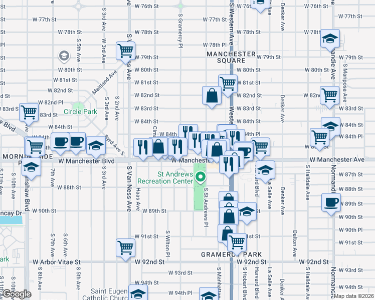 map of restaurants, bars, coffee shops, grocery stores, and more near 1932 West Manchester Avenue in Los Angeles