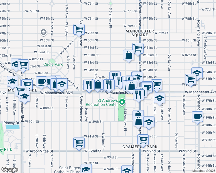 map of restaurants, bars, coffee shops, grocery stores, and more near 2015 West Manchester Avenue in Inglewood
