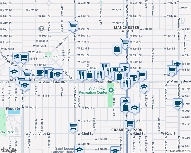 map of restaurants, bars, coffee shops, grocery stores, and more near 2015 West Manchester Avenue in Inglewood