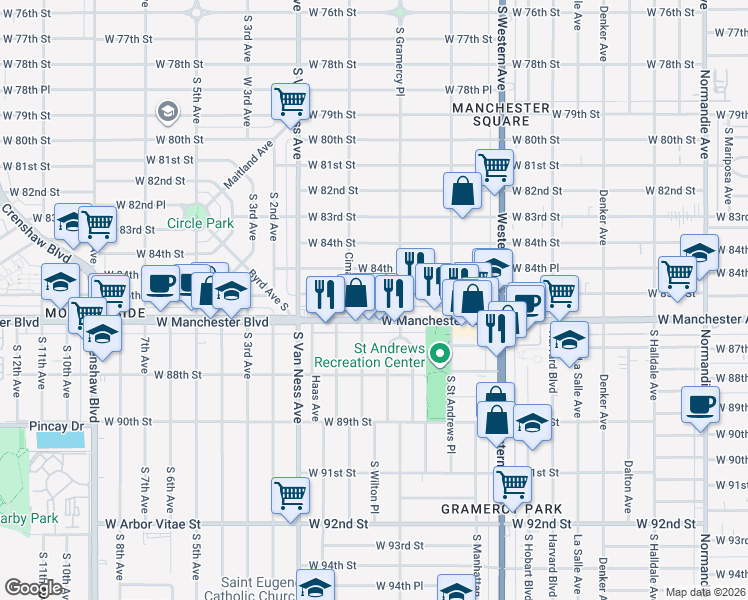 map of restaurants, bars, coffee shops, grocery stores, and more near 2015 West Manchester Avenue in Inglewood
