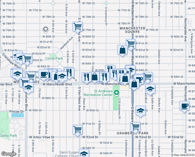 map of restaurants, bars, coffee shops, grocery stores, and more near 8516 Cimarron Street in Los Angeles