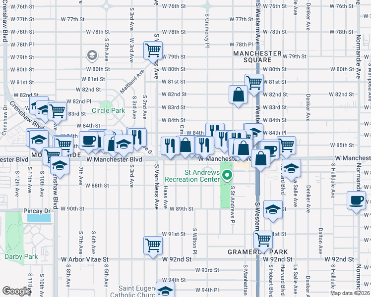map of restaurants, bars, coffee shops, grocery stores, and more near 8516 Cimarron Street in Los Angeles