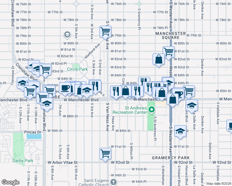 map of restaurants, bars, coffee shops, grocery stores, and more near 2139 West Manchester Avenue in Los Angeles