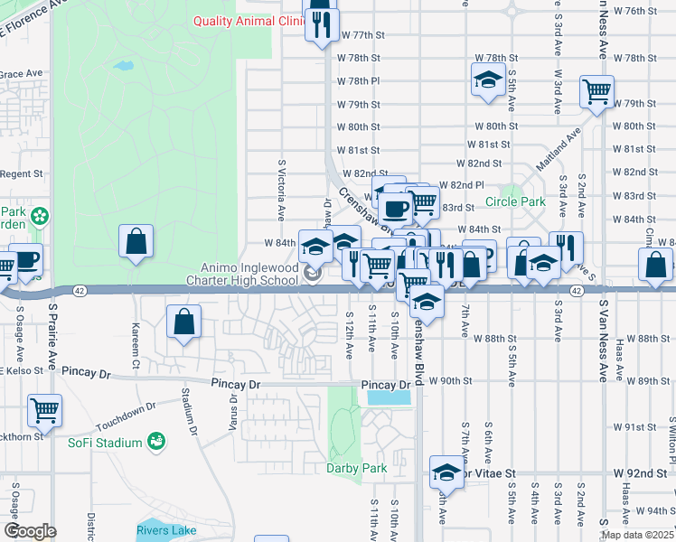 map of restaurants, bars, coffee shops, grocery stores, and more near 3424 West Manchester Boulevard in Inglewood