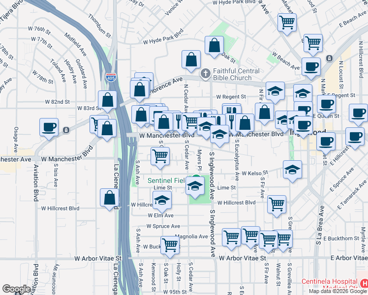 map of restaurants, bars, coffee shops, grocery stores, and more near 326 South Cedar Avenue in Inglewood