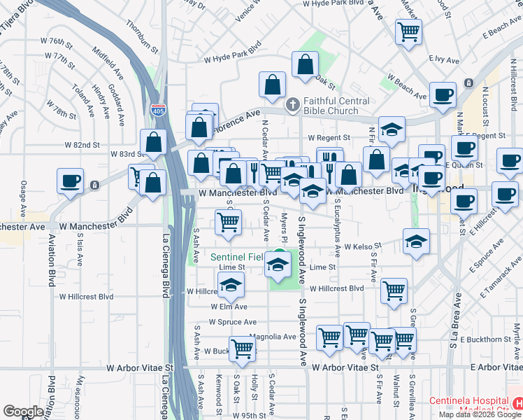 map of restaurants, bars, coffee shops, grocery stores, and more near 326 South Cedar Avenue in Inglewood