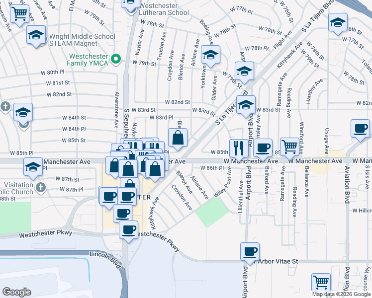 map of restaurants, bars, coffee shops, grocery stores, and more near 6069 West Manchester Avenue in Los Angeles