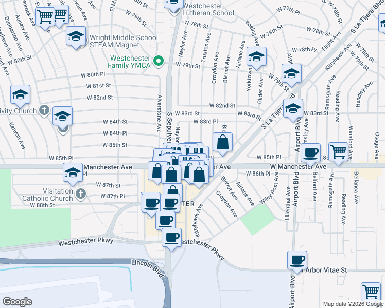map of restaurants, bars, coffee shops, grocery stores, and more near 6214 West Manchester Avenue in Los Angeles